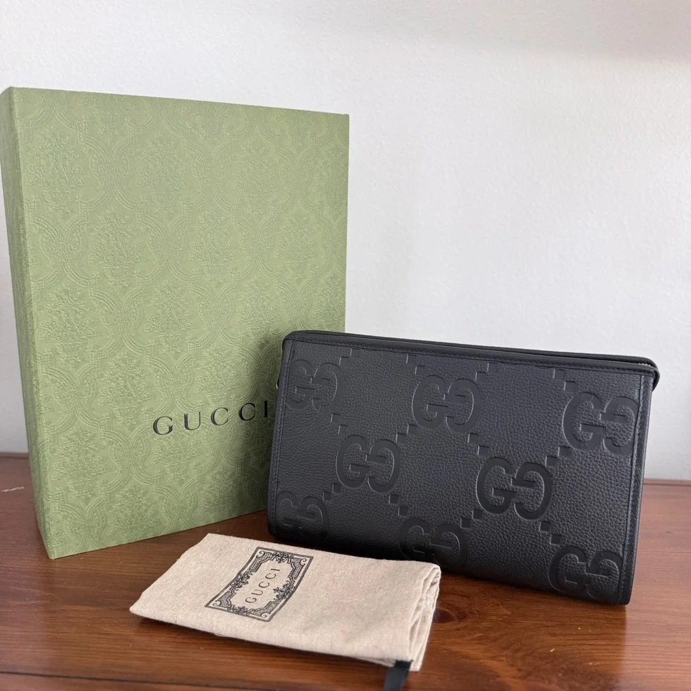 Gucci Mens GG Black Grained Leather Pouch Clutch Bag 739490